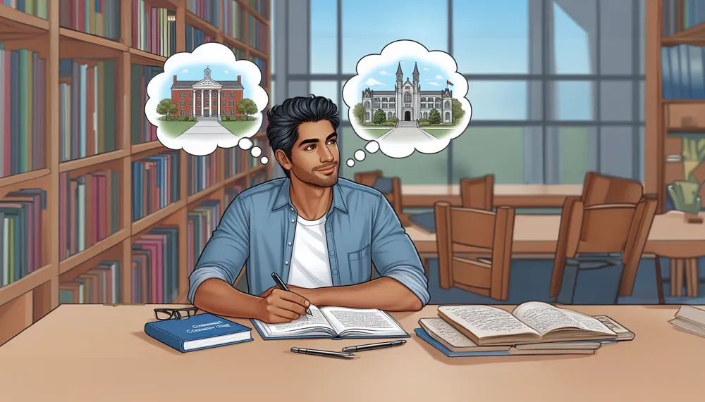 illustration of a young man studying in a library and imagining his future