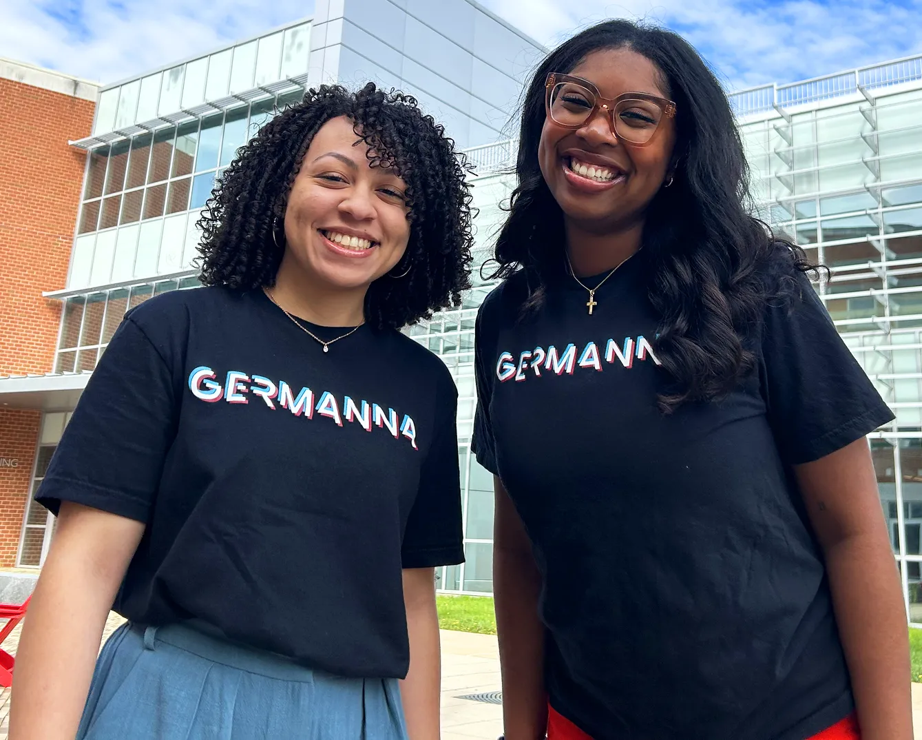 two young women pose for the camera outside of Germanna Community College