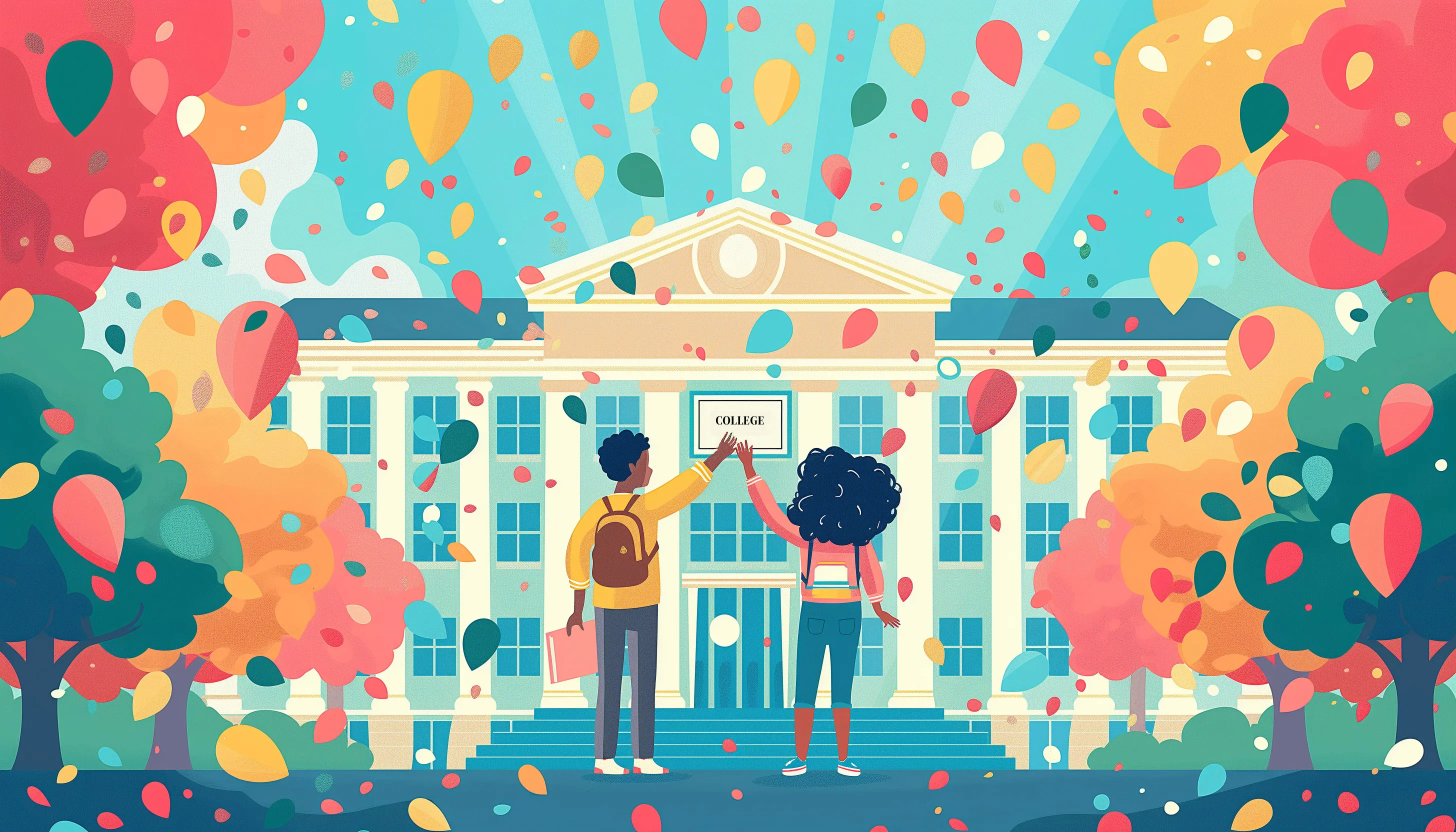 Illustration of two college students standing in front of a college building