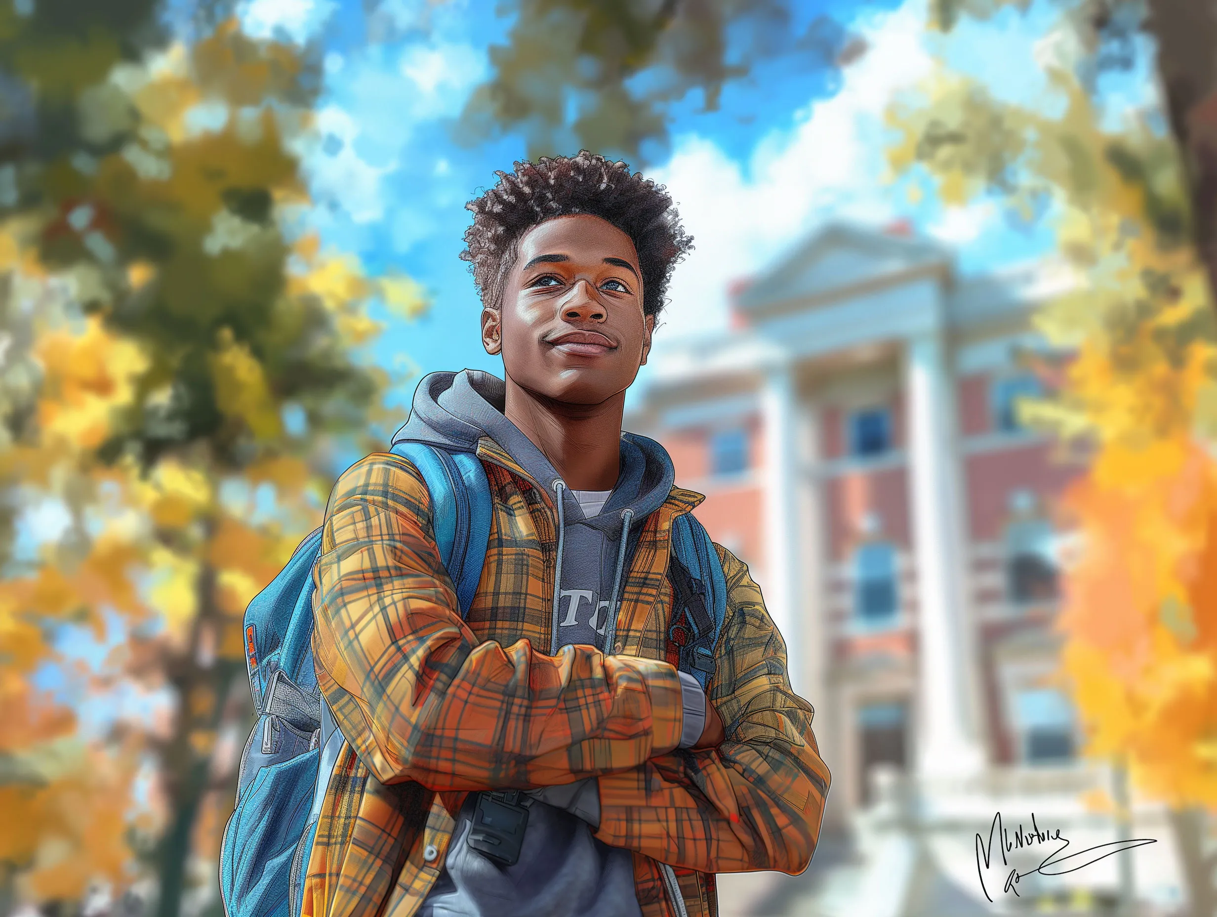 Illustration of a Germanna college graduate standing in front of a university campus