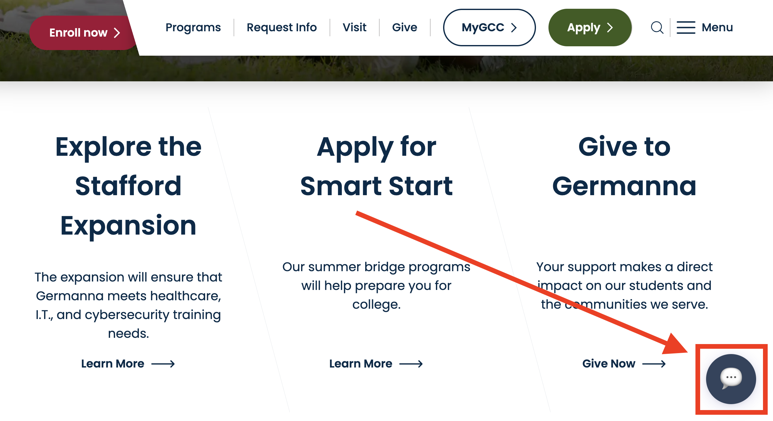 Screenshot of the Germanna homepage with the chatbot button highlighted