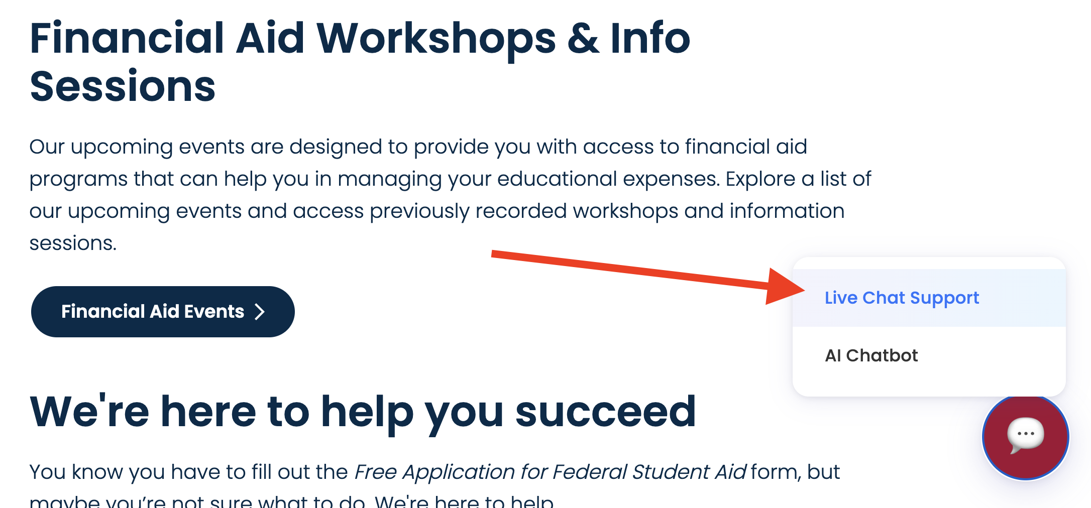 Screenshot of the Live Chat Support button on the Germanna homepage
