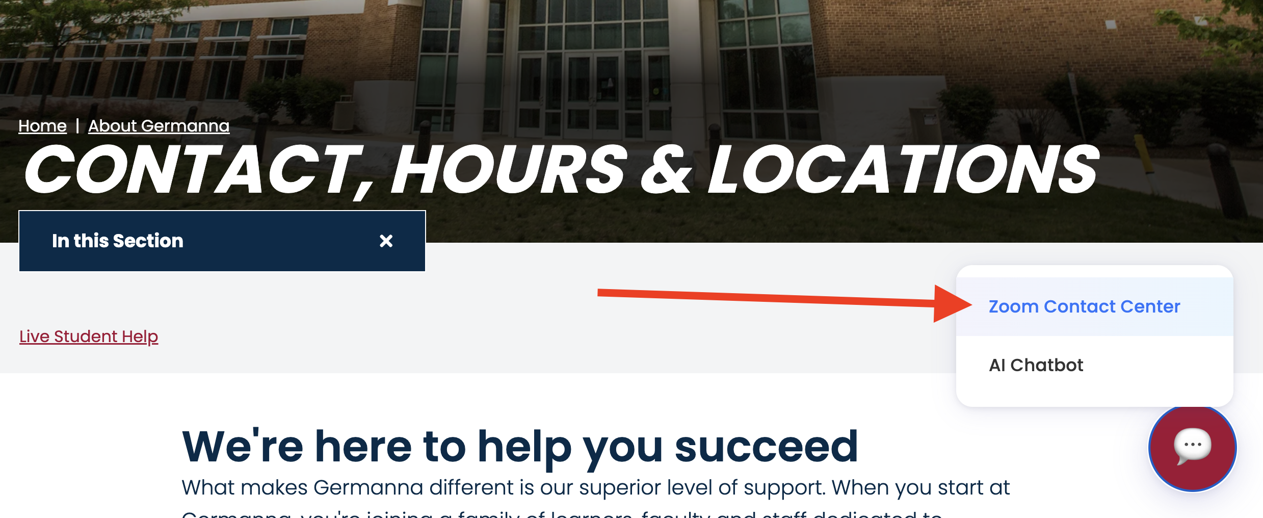 Screenshot of the Contact page with the Zoom Contact Center button highlighted