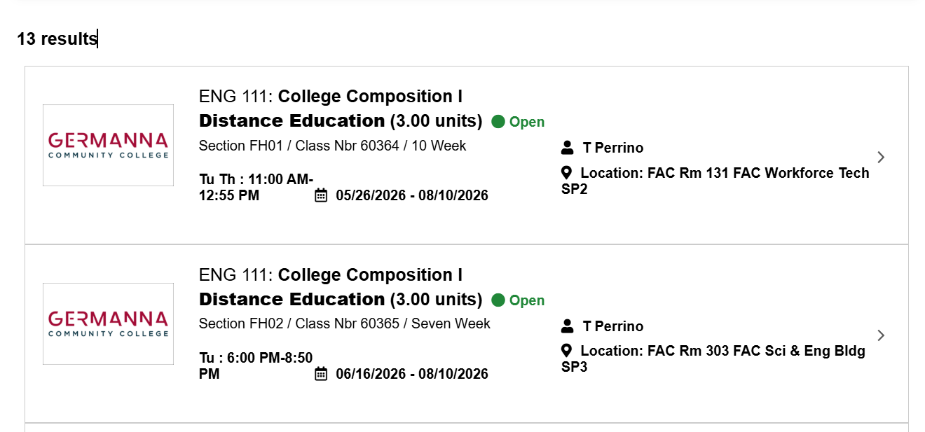 Results of a class search in SIS