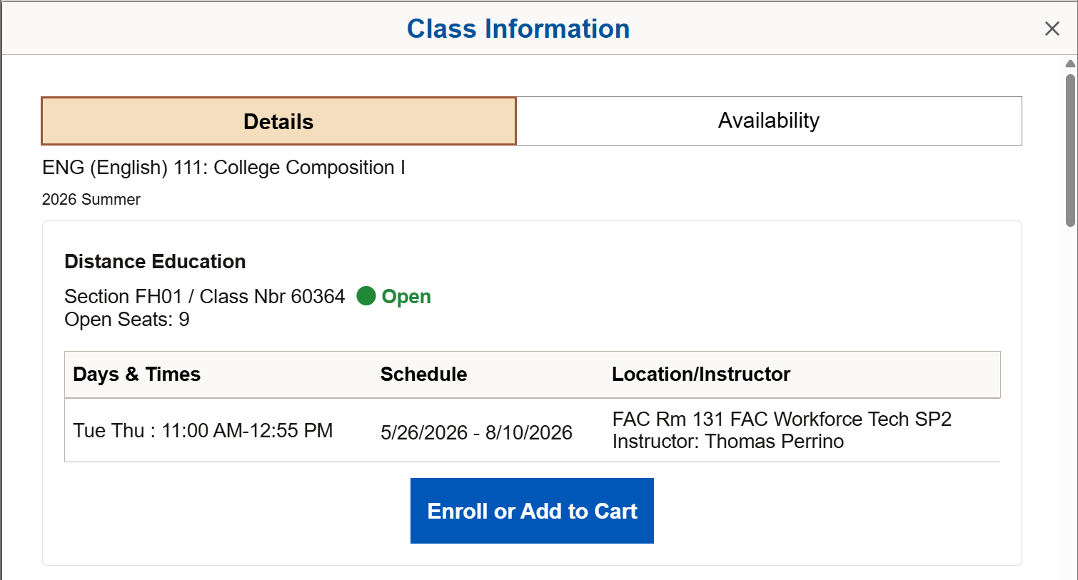 The Class Information screen in SIS. The Details tab shows the course title and number, as well as days and times, instructor, and course dates. There is a button to enroll or add the course to the user's cart.