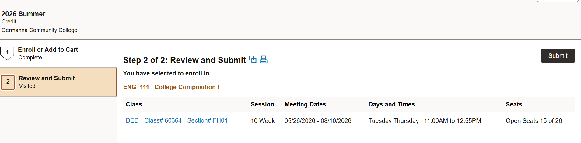 The Review & Submit screen in SIS. This indicates that the user is about to enroll in a specific course. The course details are listed and students can enroll by clicking Submit in the upper right.