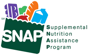 Supplemental Nutritional Assistance Program Logo green grocery bag filled with eggs, milk, bread, and fruit