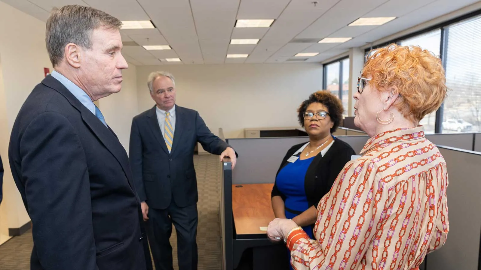 Sens. Mark Warner and Tim Kaine speaking with Germanna President Janet Gullickson and Vice President Shashuna Gray