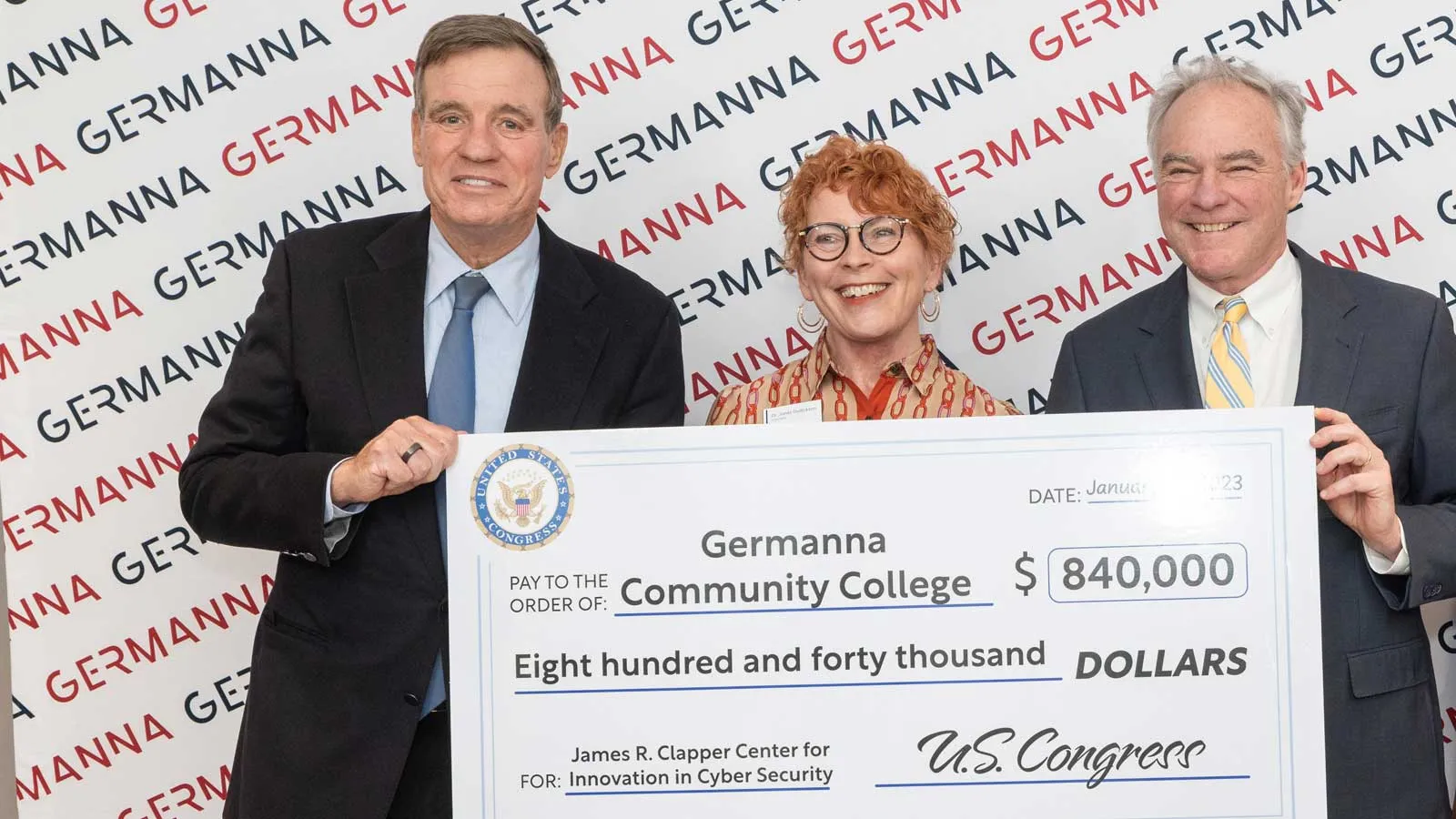 Sens. Mark Warner and Tim Kaine with Germanna President Janet Gullickson
