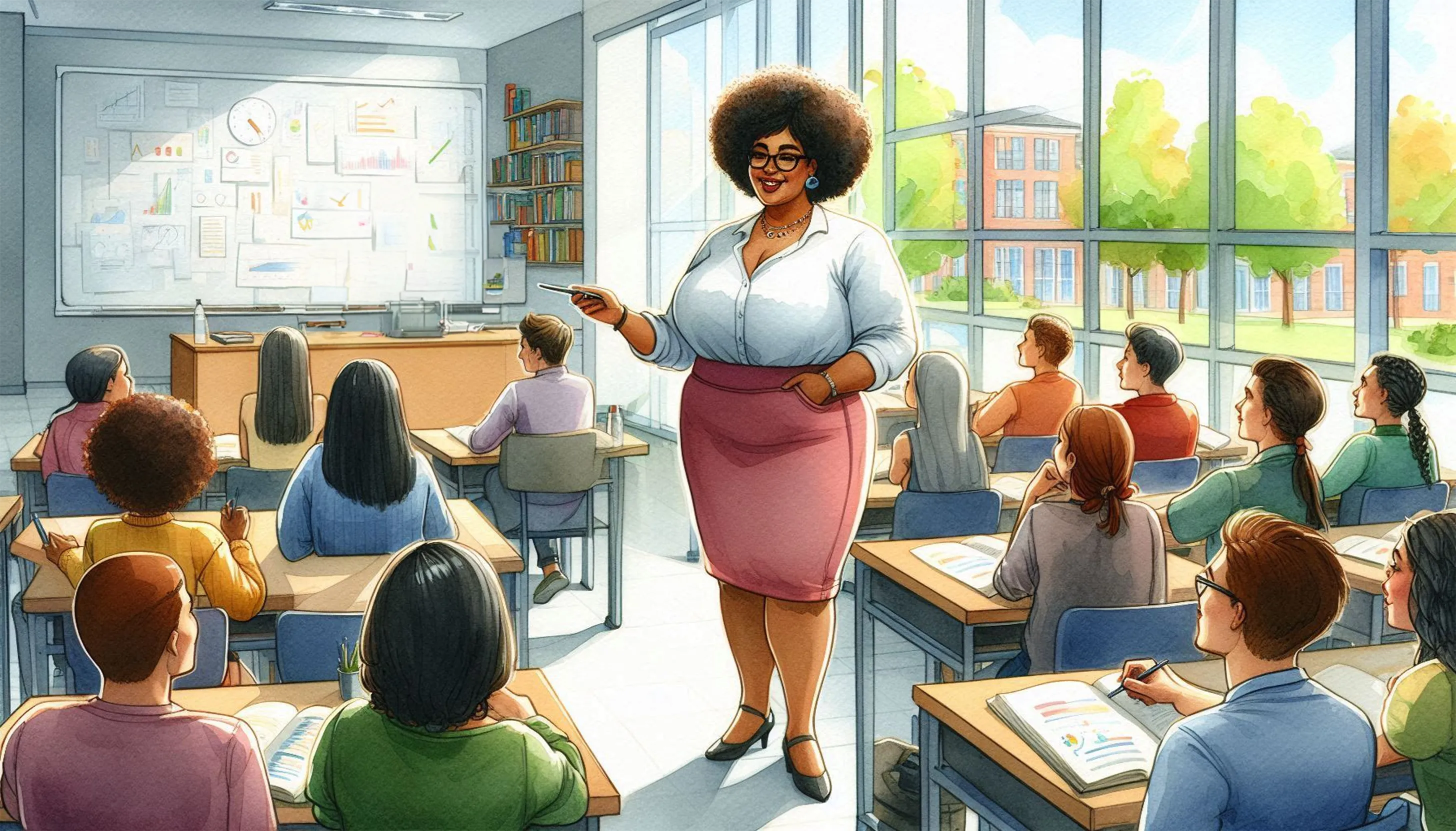 An illustration of an African American woman teaching in a classroom
