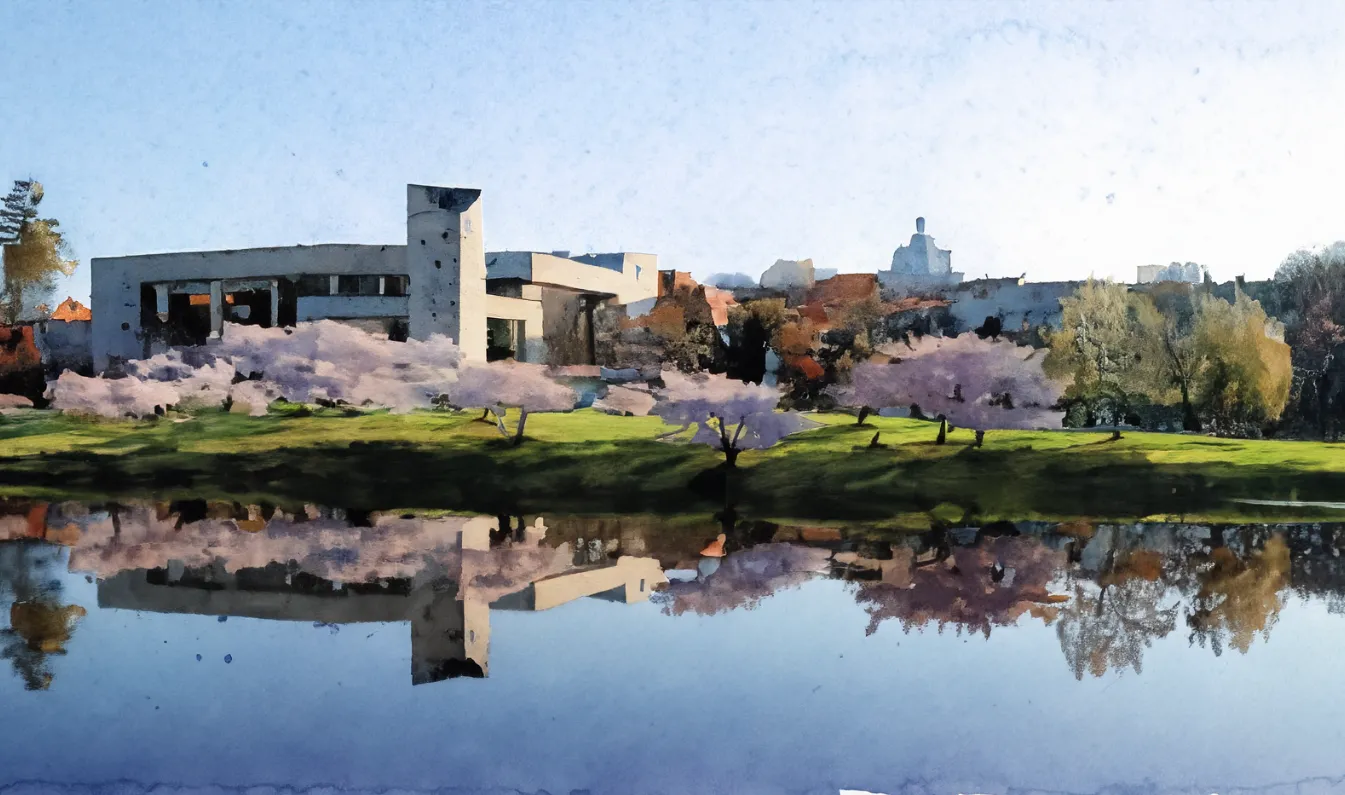A watercolor painting of the George Mason University campus