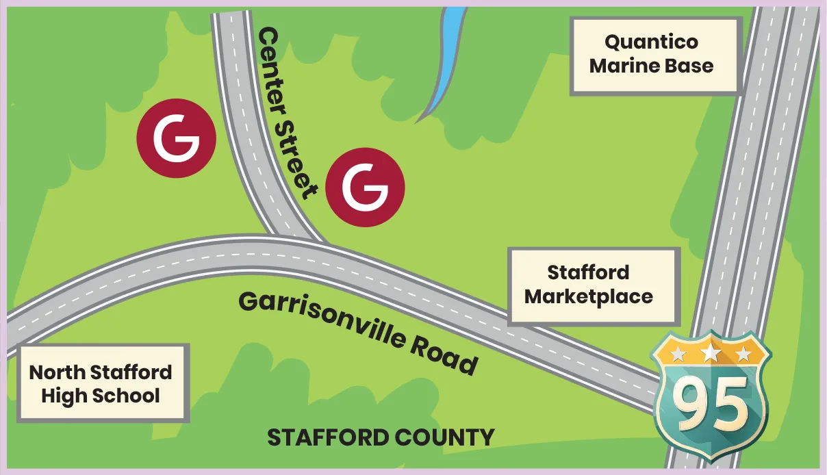 A map depicting the new Stafford County Center and the surrounding areas