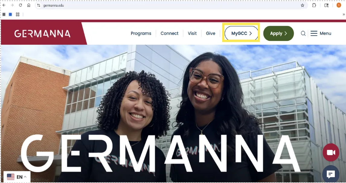 The Germanna homepage, showing the "MyGCC" button highlighted in the upper right corner