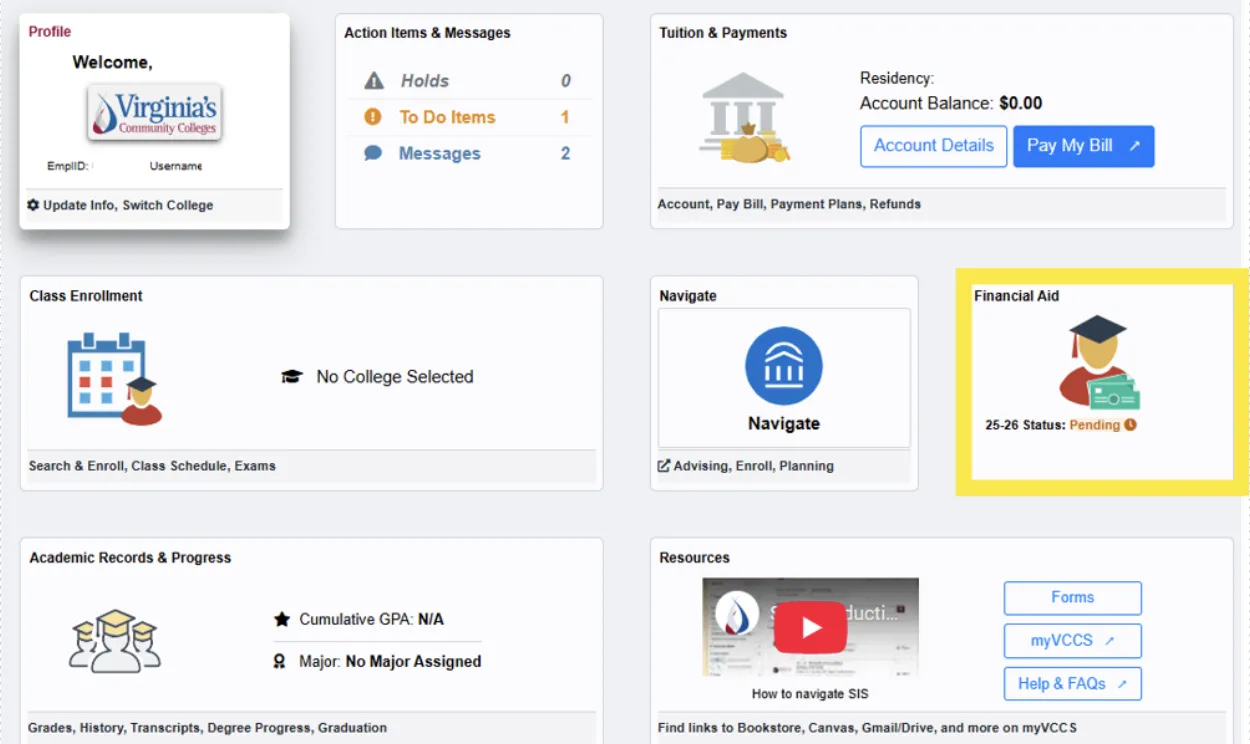 Screenshot of the Your Student Student in MyGCC, with the "Financial Aid" box highlighted