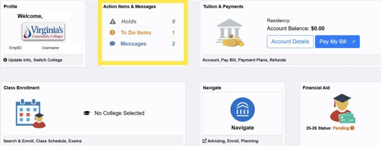 Where to find "Messages in the MyGCC Your Student Center