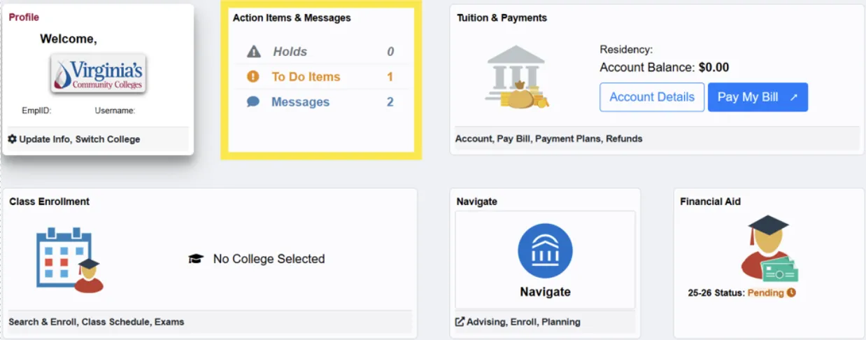 The Your Student Center in MyGCC, with the "Action Items" section highlighted