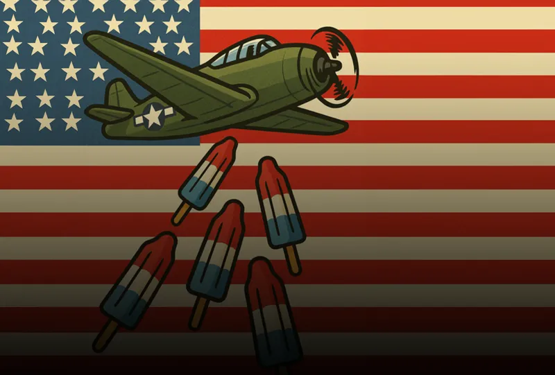 An airplane dropping popsicles from the air, with an American flag in the background