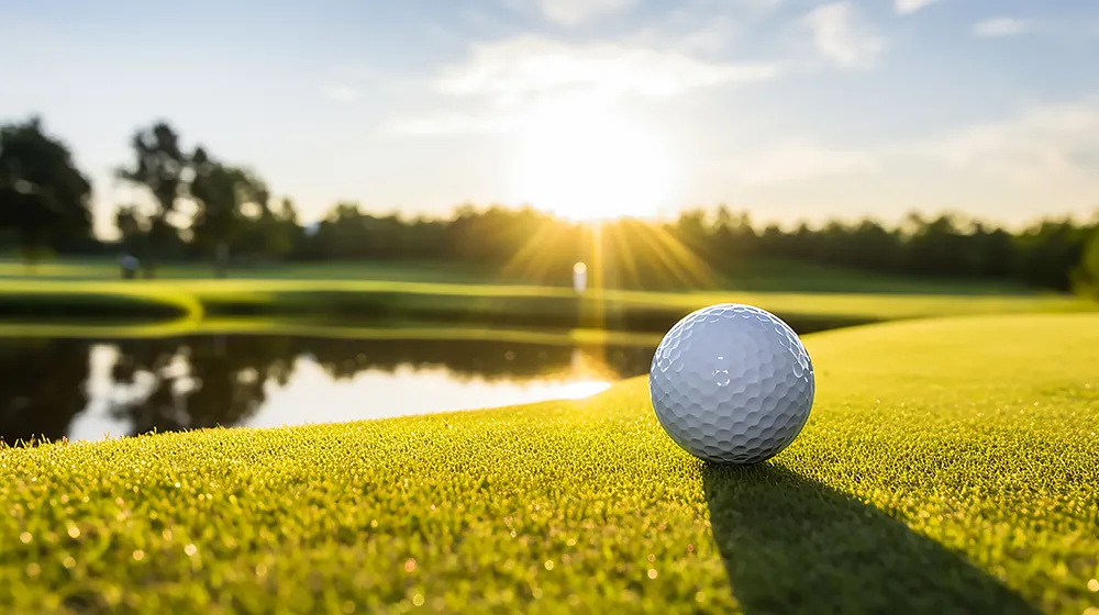 A closeup of a golf ball resting on a golf course next to a pond