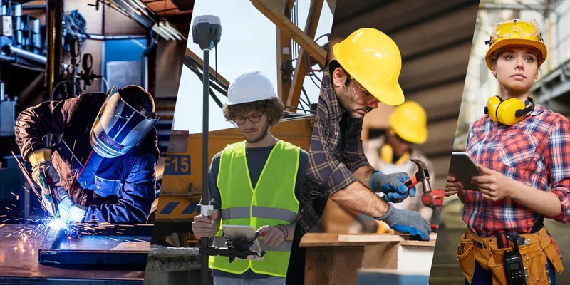 Collage of skilled trades workers: welder, construction worker, carpenter, and construction supervisor