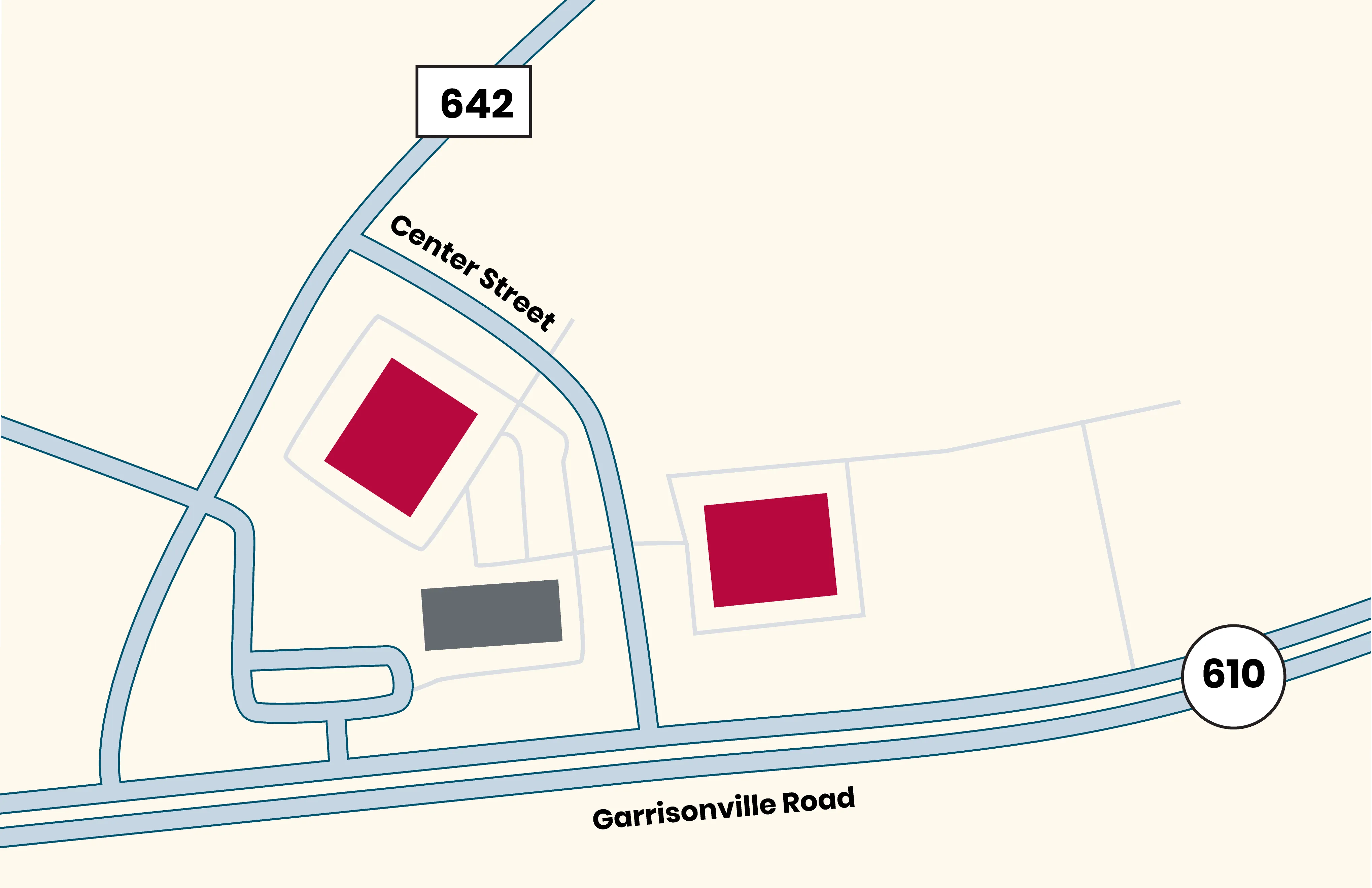 A road map showing the Stafford County Center buildings on Center Street in Stafford, Virginia, off Garrisonville Road