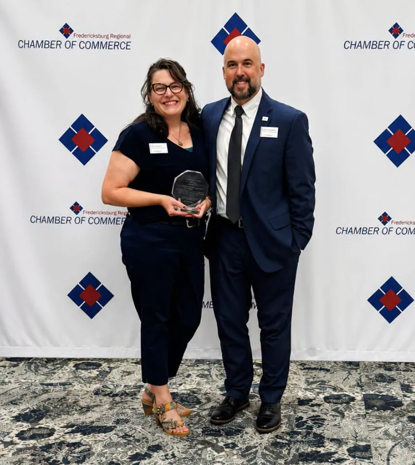 Becky Morris, Germanna's Internship & Work-Study Counselor, recently received the Fredericksburg Regional Chamber of Commerce's Educator Excellence – Community Impact Award. She is pictured with Dr. Eric Earnhardt, Dean of Humanities & Social Sciences.
