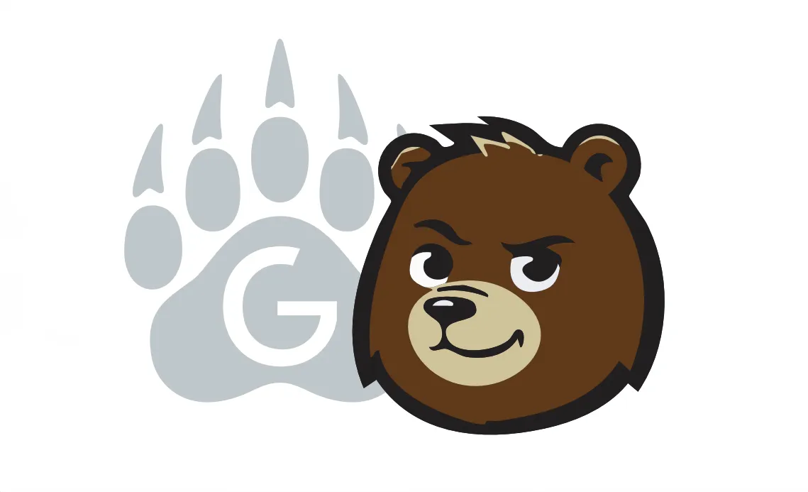 Illustration of the Germanna grizzly bear mascot next to a paw with a 'G' superimposed on it