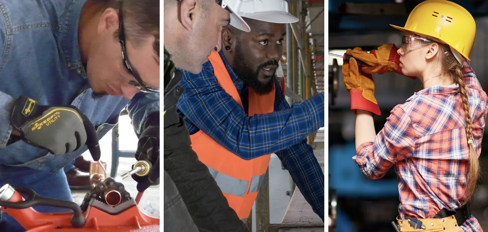 A collage featuring a welder, two constructions workers, and a carpenter on job sites
