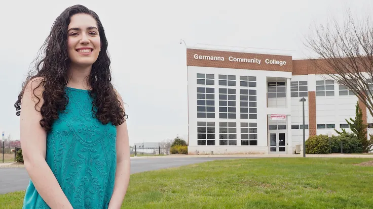 Germanna Scholars student standing in front of the Daniel Technology Center in Culpeper