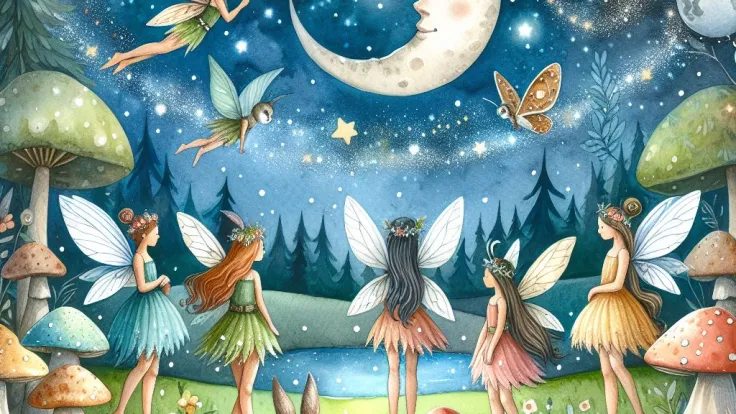 An AI illustration of fairies in a meadow under a moonlit sky
