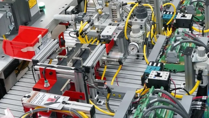 A close-up of the complex electrical and mechanical structures of a robotic apparatus