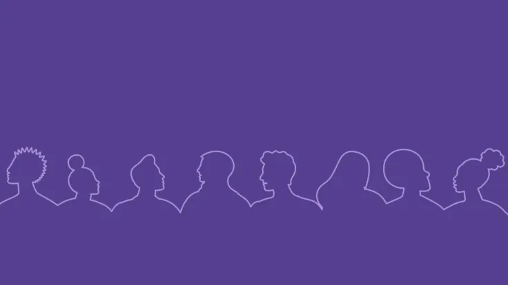 A white line drawing of people's silhouettes on a purple background