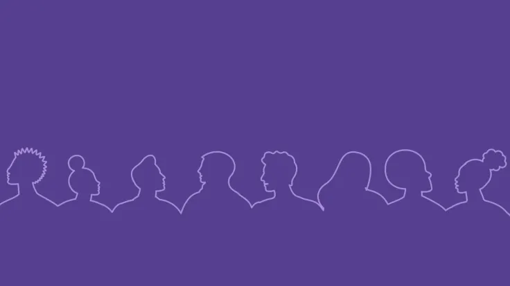 A white line drawing of people's silhouettes on a purple background