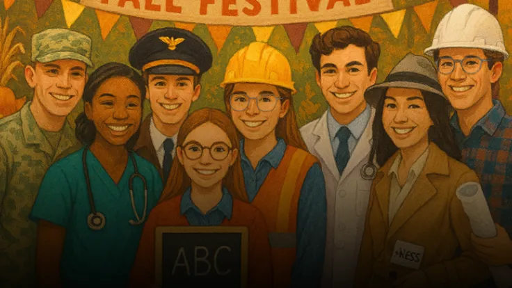 An illustration of students dressed up as their dream career (reporter, construction worker, doctor, teacher, nurse, pilot, soldier)
