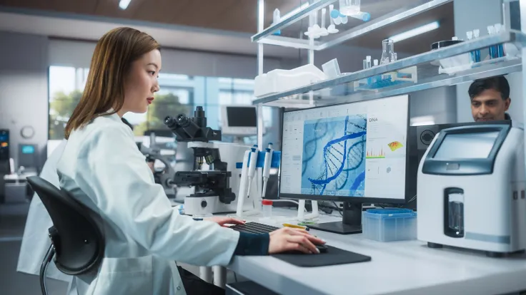 A female and male engineer wearing lab coats work on computer models in a laboratory