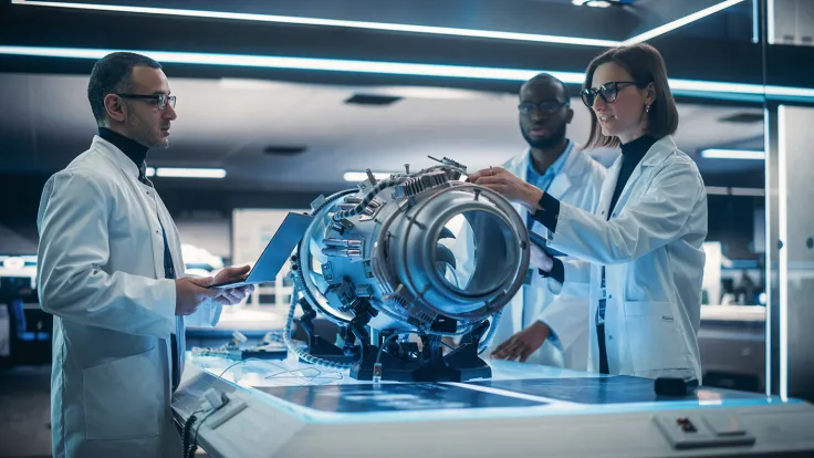 Three aerospace engineers wearing lab coats study a turbine engine in a lab